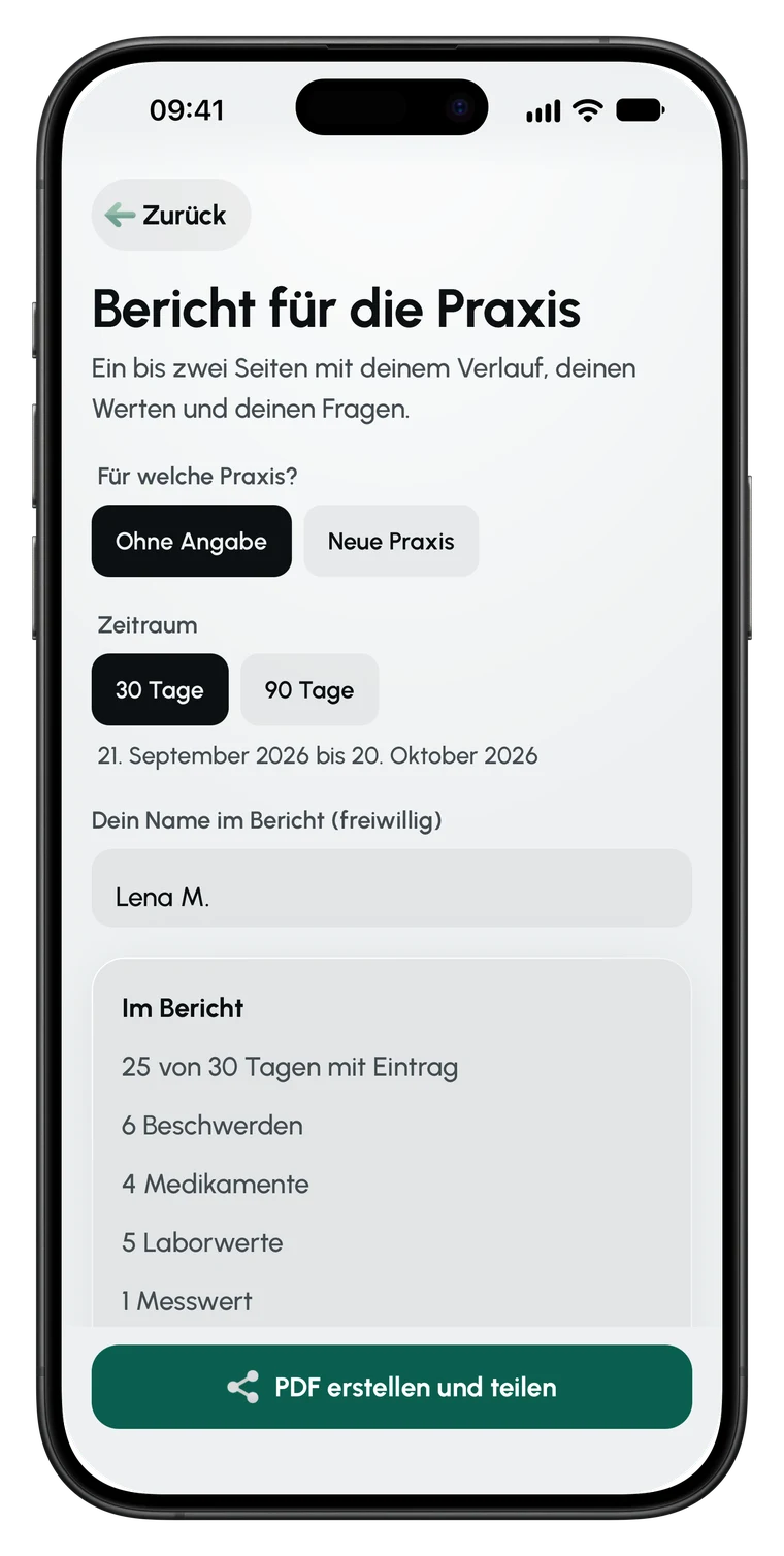 Bericht für die Praxis in Symptary: Zeitraum wählen und den Verlauf als PDF für den Arzttermin erstellen.