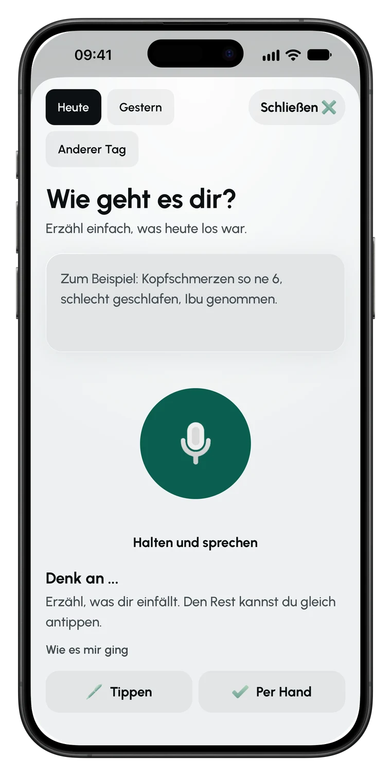 Einsprechen in Symptary: großer Mikrofon-Knopf und die Liste Denk an mit Schlaf, Beschwerden, Medikamenten und weiteren Themen.