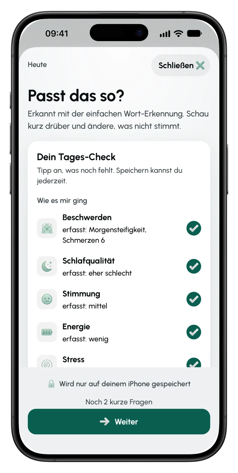 Bestätigung nach dem Einsprechen: Passt das so? mit dem Tages-Check, der zeigt, welche Themen erfasst und welche noch offen sind.