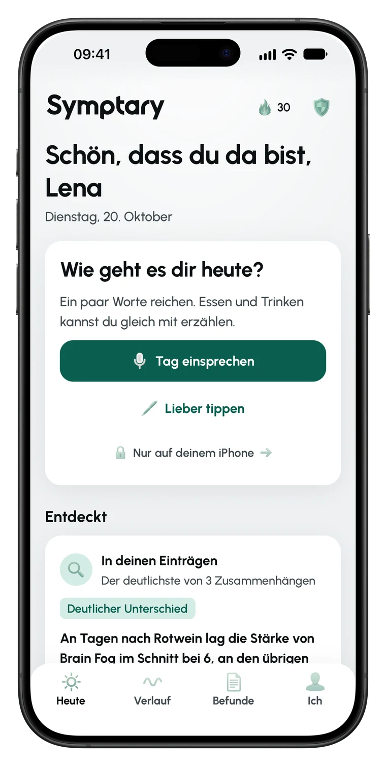 Startseite der App Symptary: Begrüßung mit Namen, die Flamme mit der Zahl der Tage, der große Knopf Tag einsprechen und der heutige Eintrag.